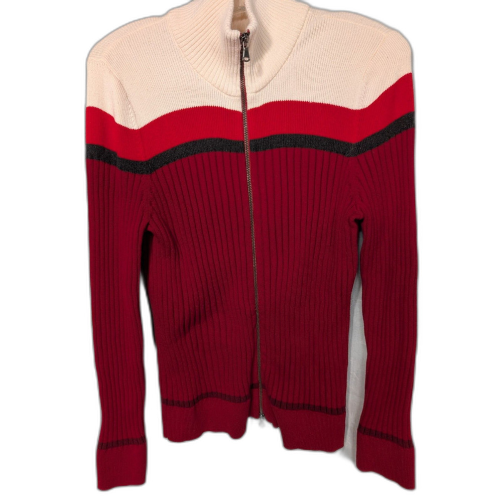 Vintage 90s Gorpcore Colorblock Full Zip Ribbed Knit Sweater Burgundy Red